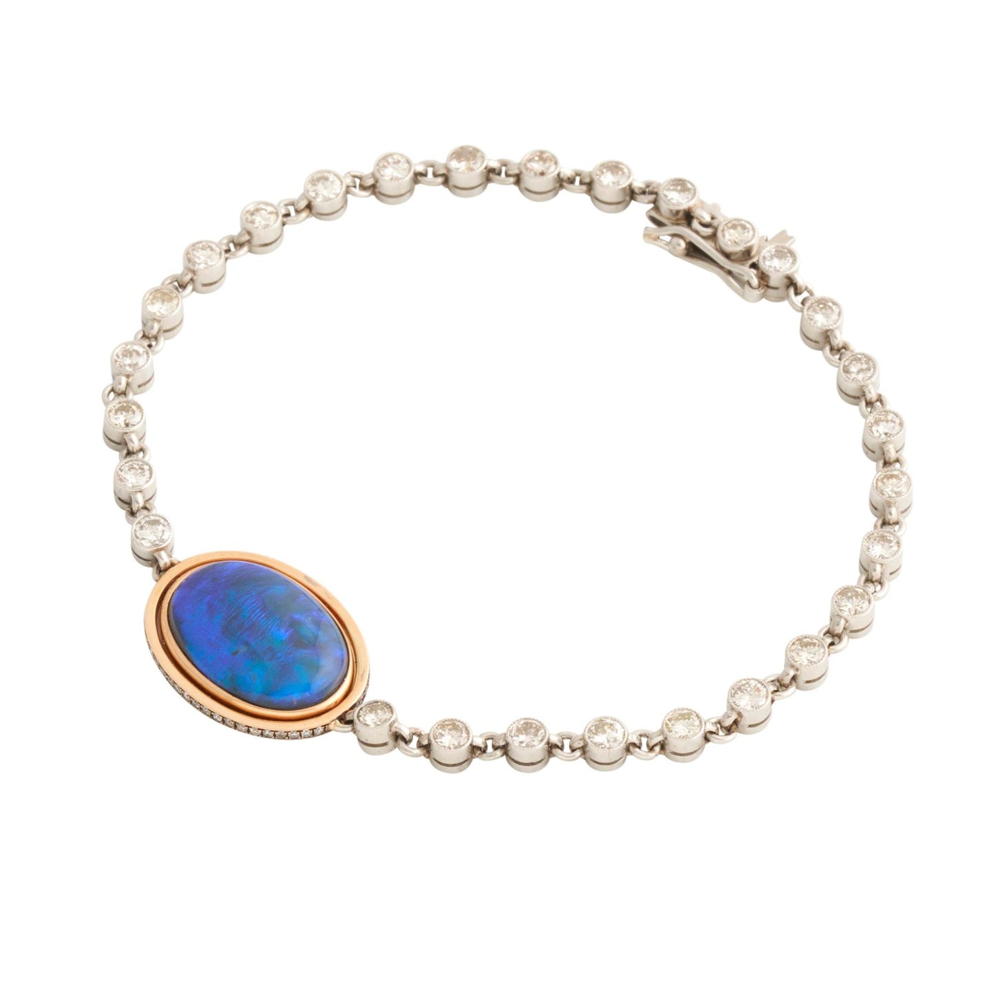 Contemporary Platinum & 18KT Yellow Gold Opal, Diamond & Enamel Lover's Eye Bracelet front