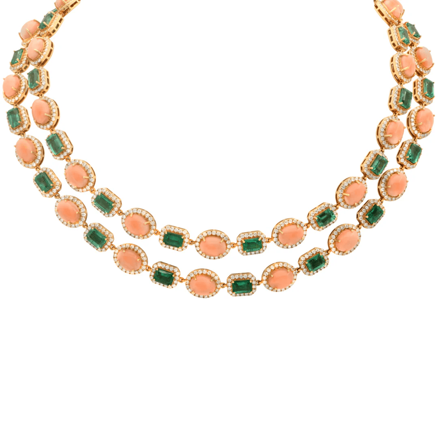 Post-1980s 18KT Yellow Gold Emerald, Coral & Diamond Necklace front