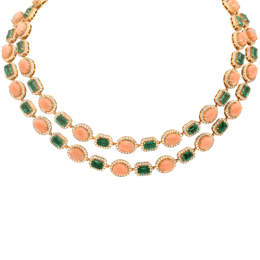 Post-1980s 18KT Yellow Gold Emerald, Coral & Diamond Necklace front