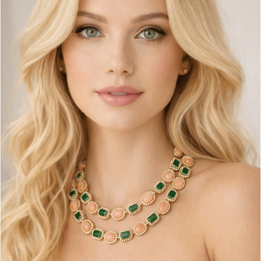 Post-1980s 18KT Yellow Gold Emerald, Coral & Diamond Necklace on neck