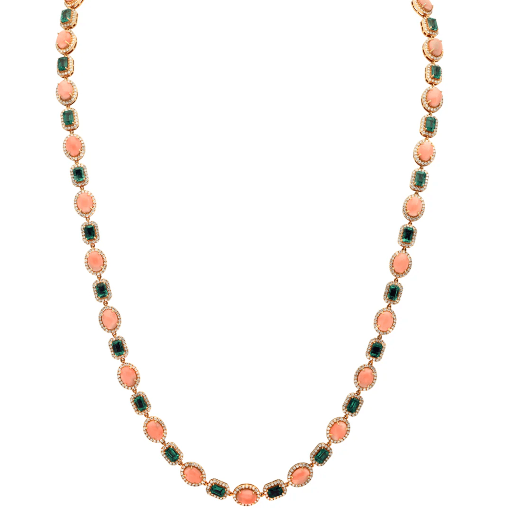 Post-1980s 18KT Yellow Gold Emerald, Coral & Diamond Necklace front