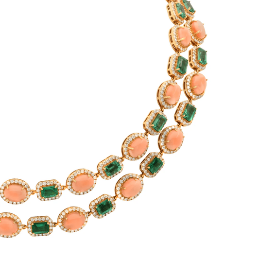 Post-1980s 18KT Yellow Gold Emerald, Coral & Diamond Necklace close-up details