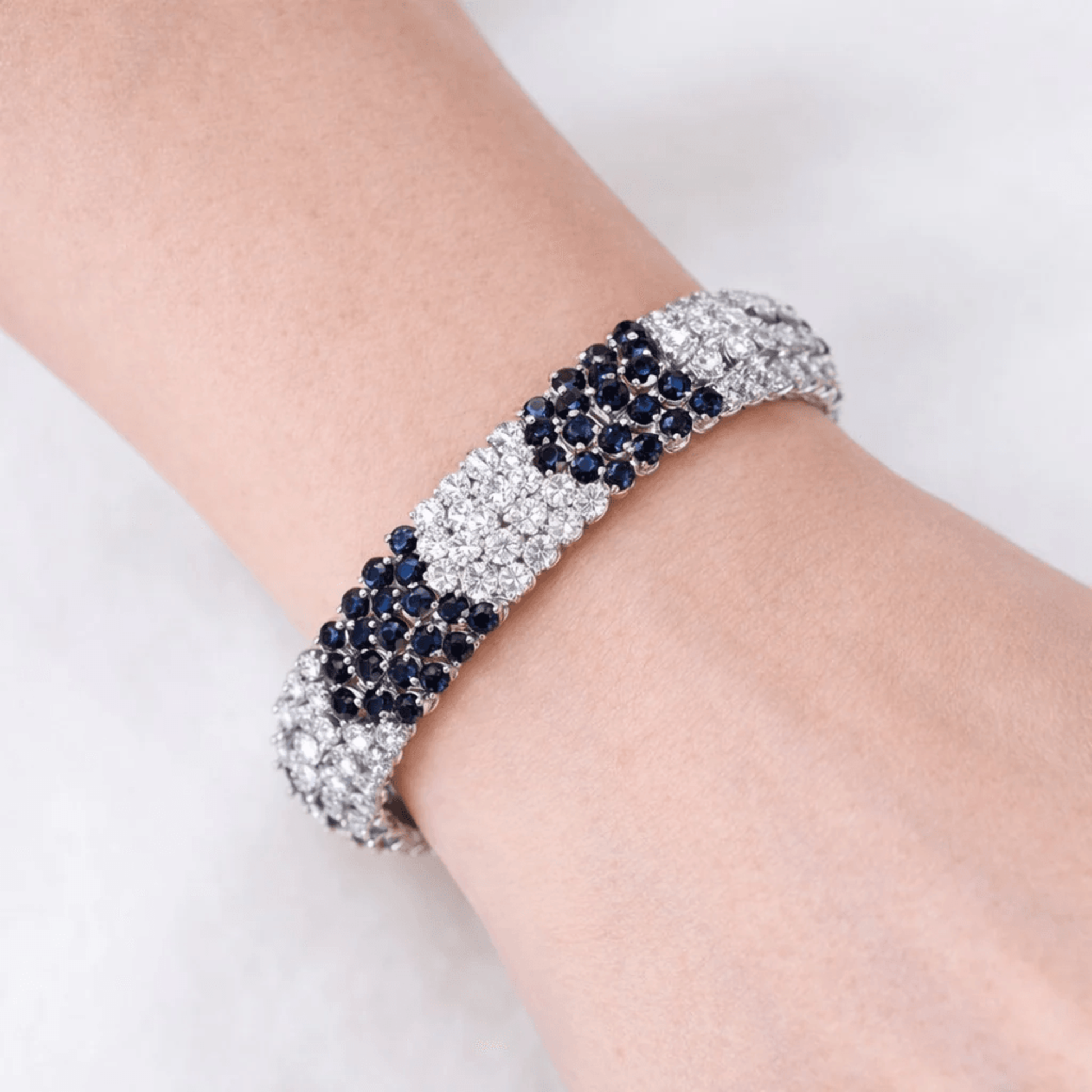Post-1980s Platinum Sapphire & Diamond Bracelet on wrist