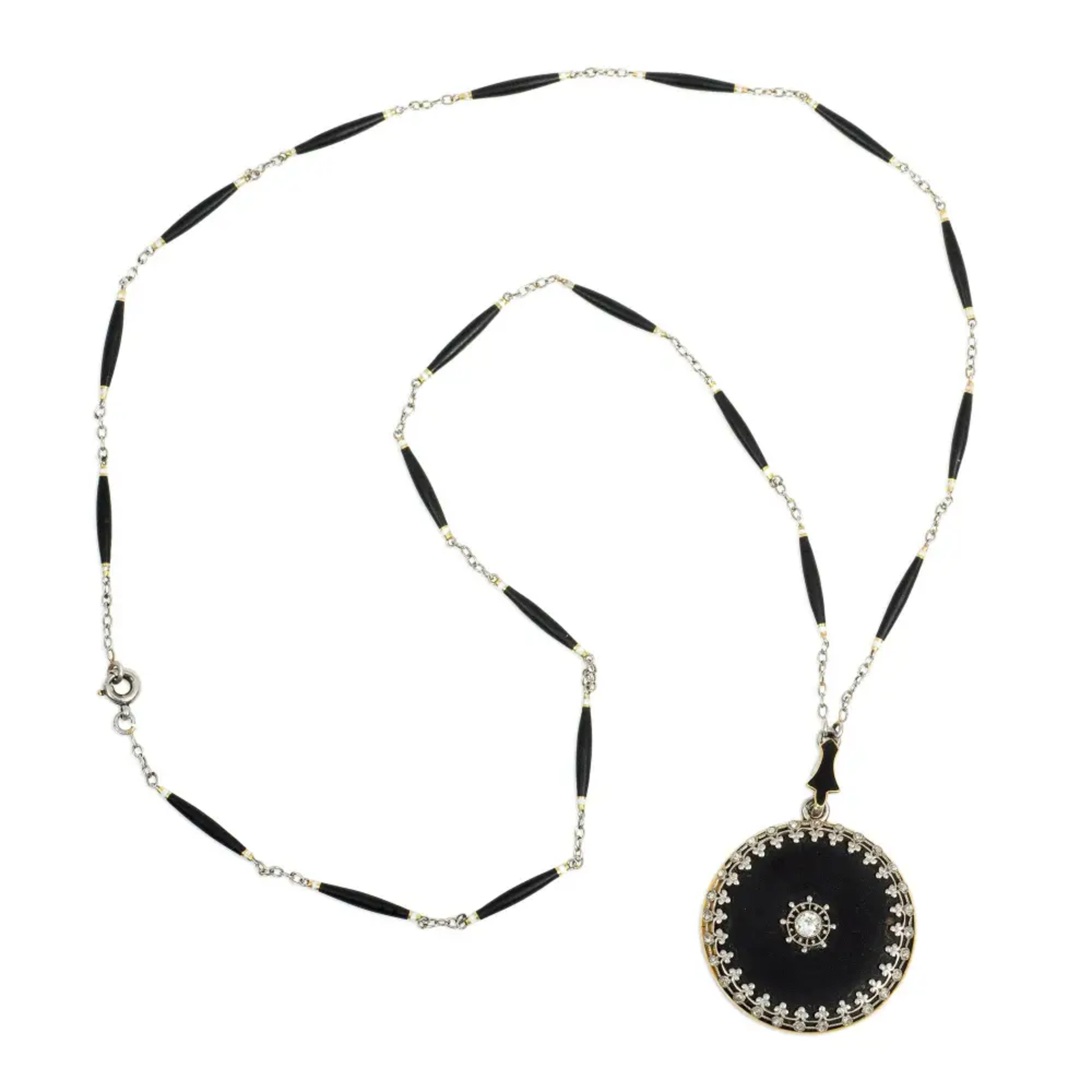 Edwardian Platinum & 18KT Yellow Gold Enamel & Diamond Locket Necklace front