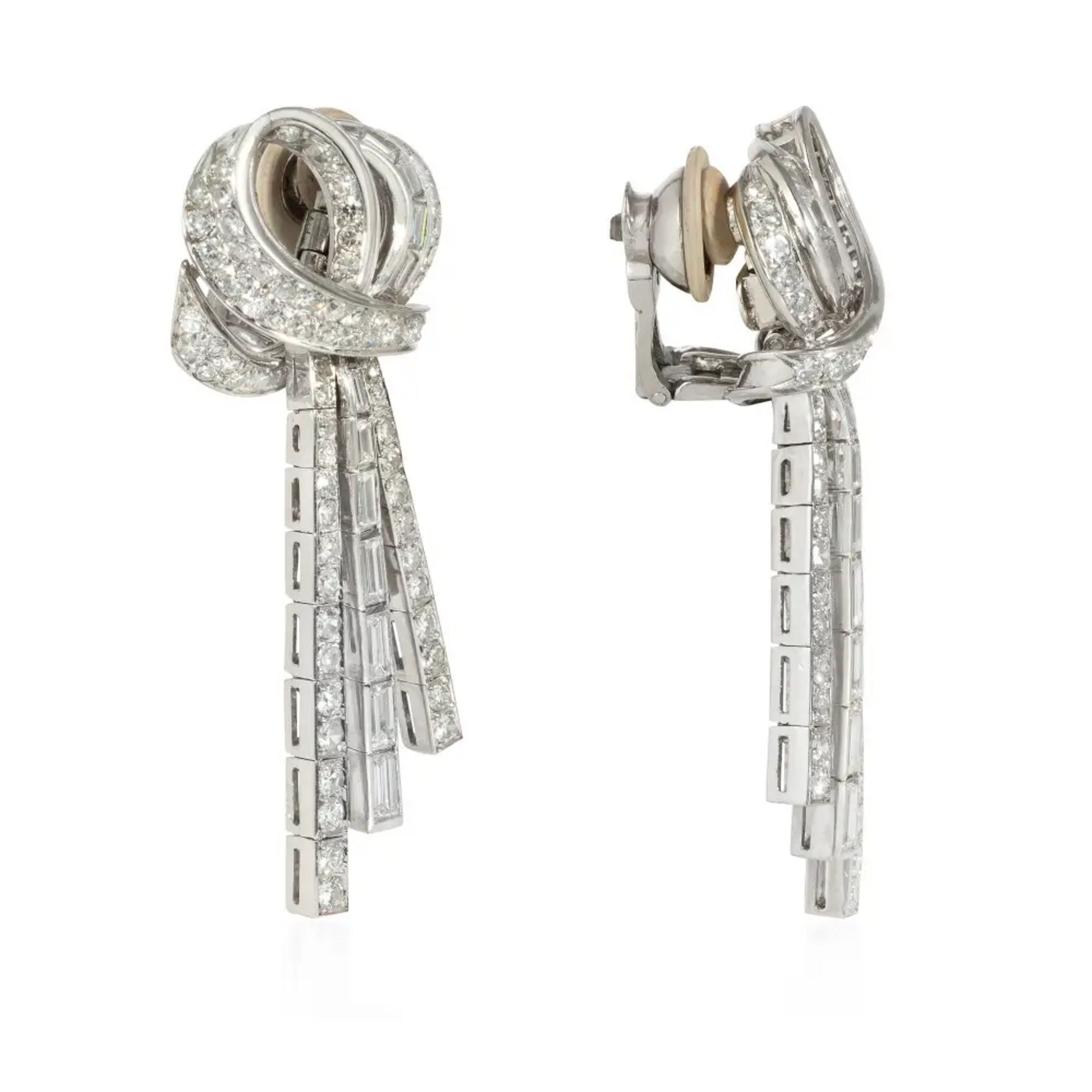 French Retro Platinum Diamond Earrings front and side