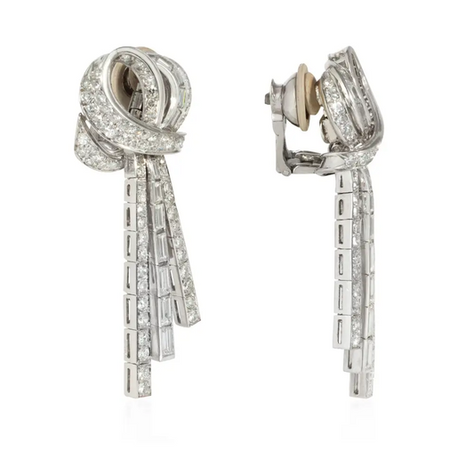 French Retro Platinum Diamond Earrings front and side