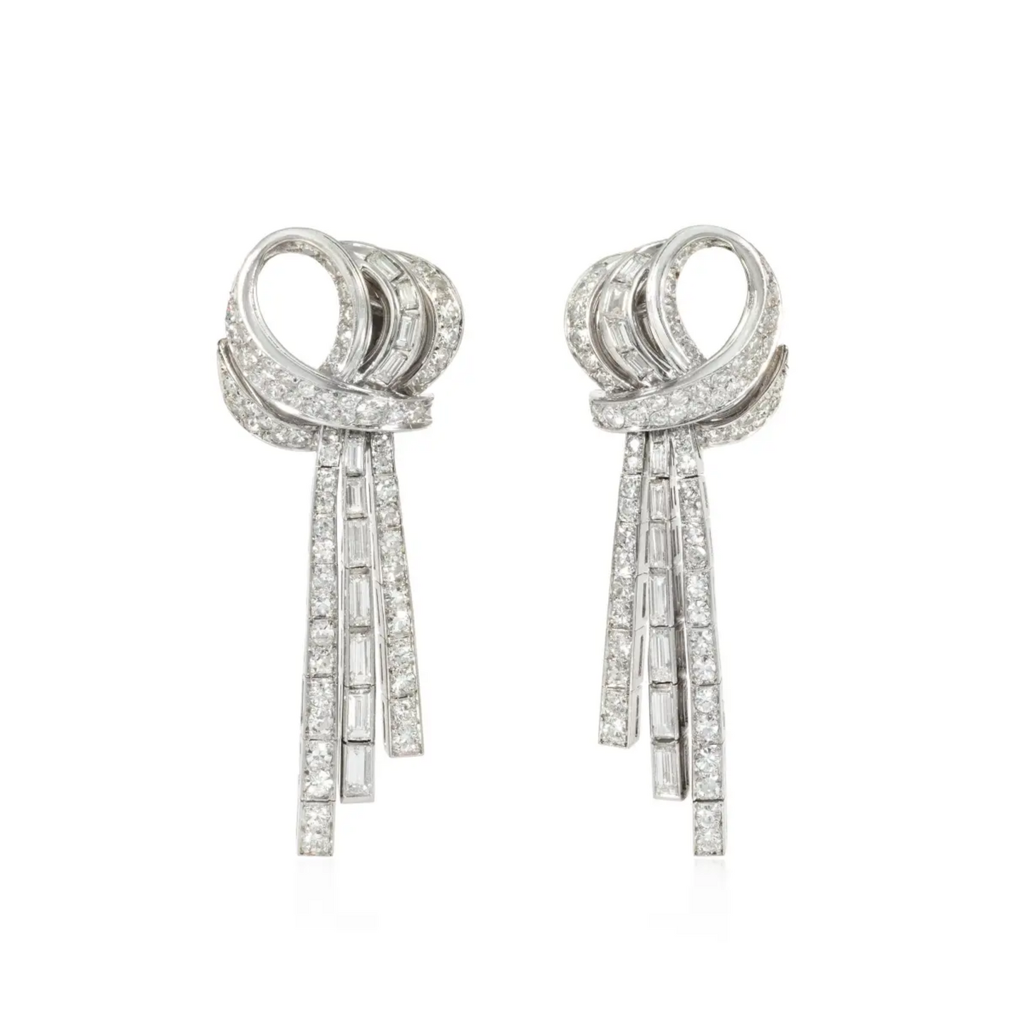 French Retro Platinum Diamond Earrings front