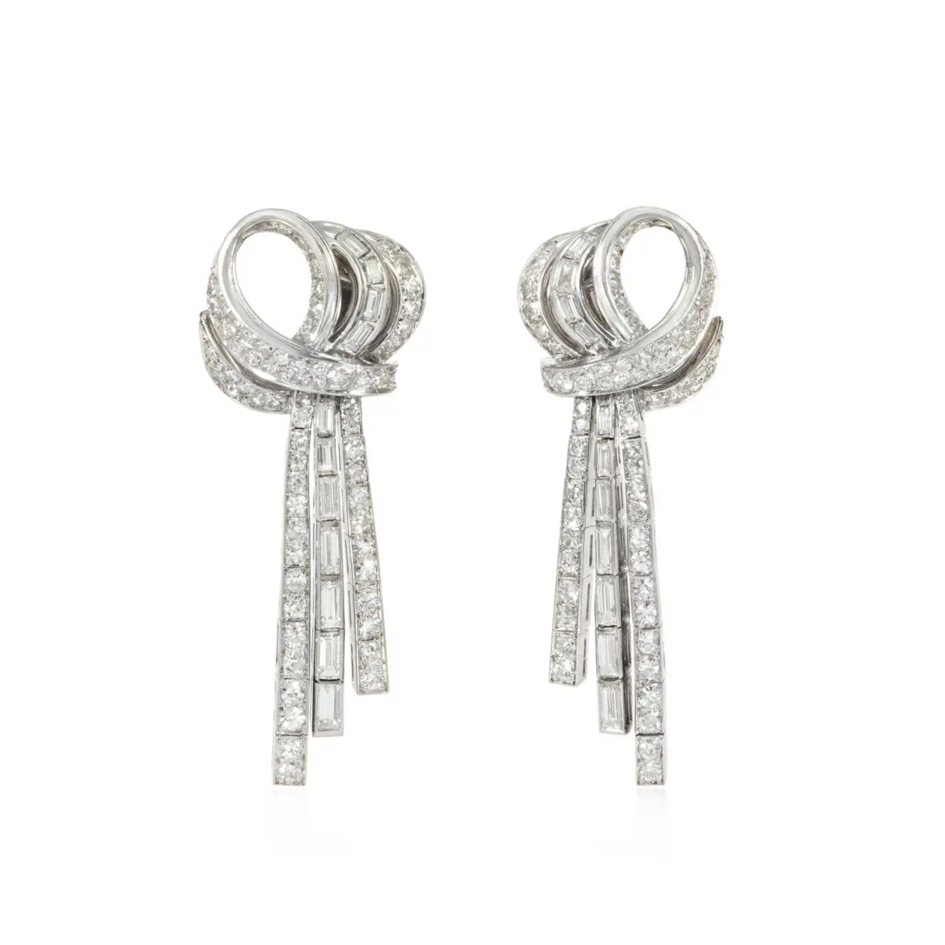 French Retro Platinum Diamond Earrings front