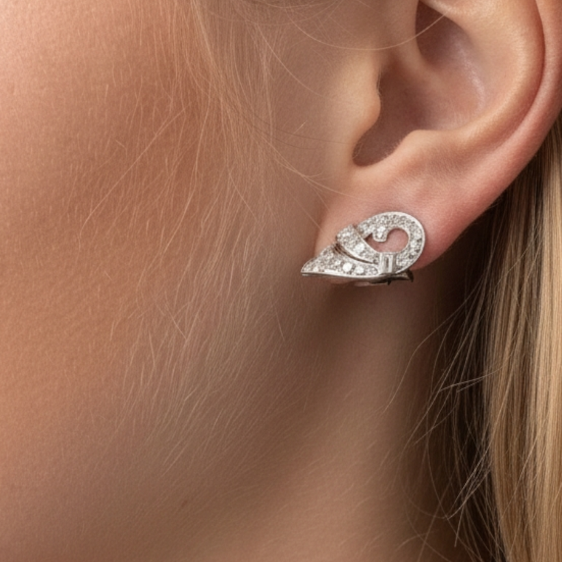 French Art Deco Platinum & 18KT White Gold Diamond Earrings on ear