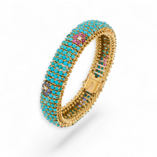 1960s 18KT Yellow Gold Turquoise, Diamond, Ruby & Sapphire Bracelet front