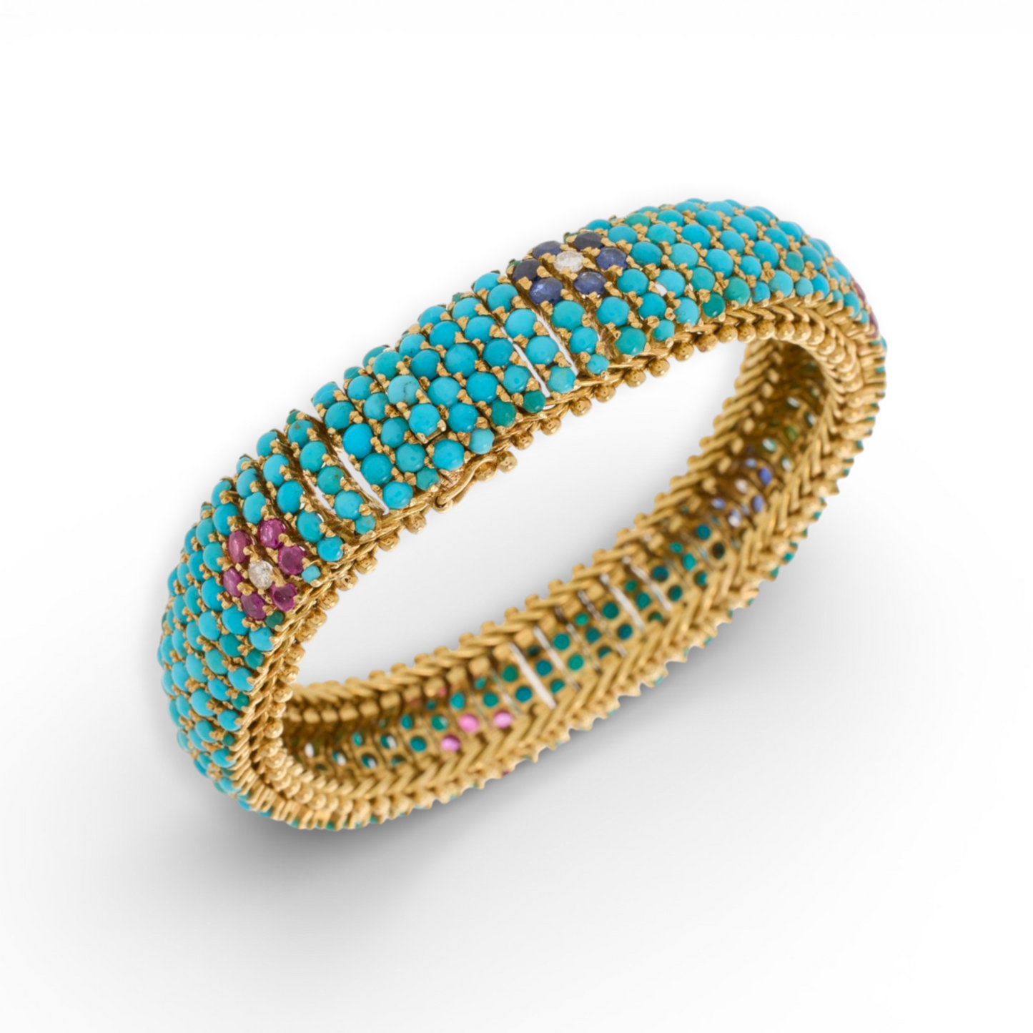 1960s 18KT Yellow Gold Turquoise, Diamond, Ruby & Sapphire Bracelet front