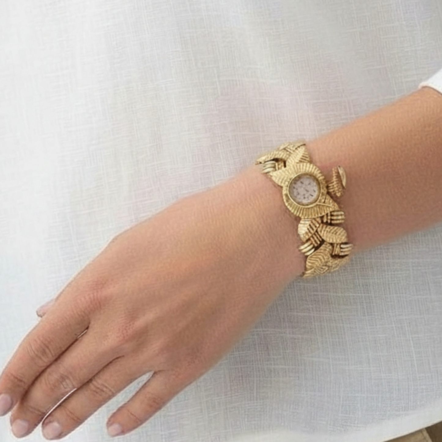 1960s 18KT Yellow Gold Watch Bracelet on wrist