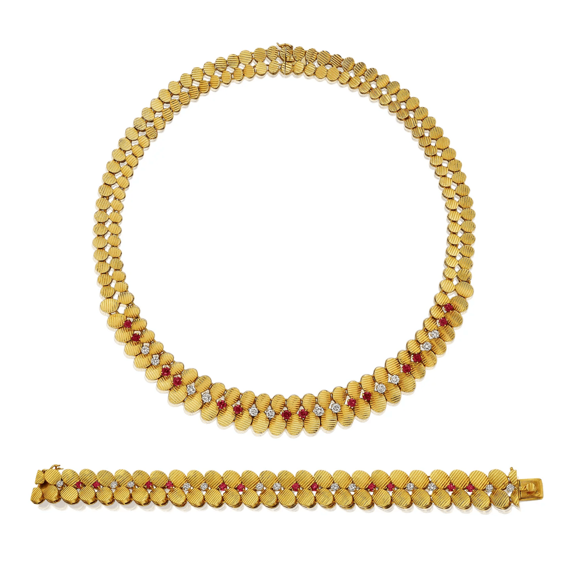 Gubelin and Péry et Fils 1960s 18KT Yellow Gold Diamond & Ruby Set front