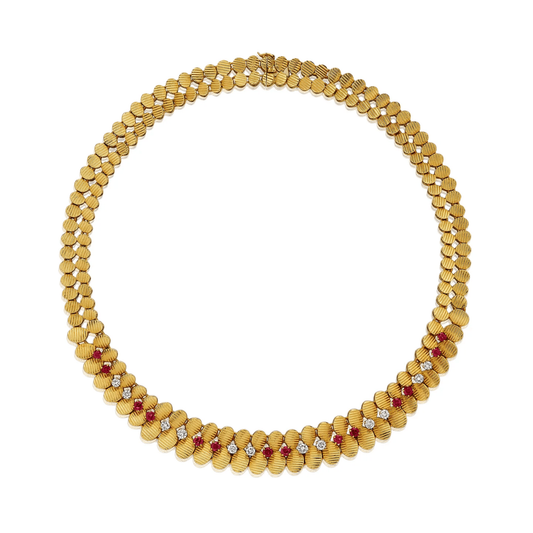 Gubelin and Péry et Fils 1960s 18KT Yellow Gold Diamond & Ruby Set necklace front