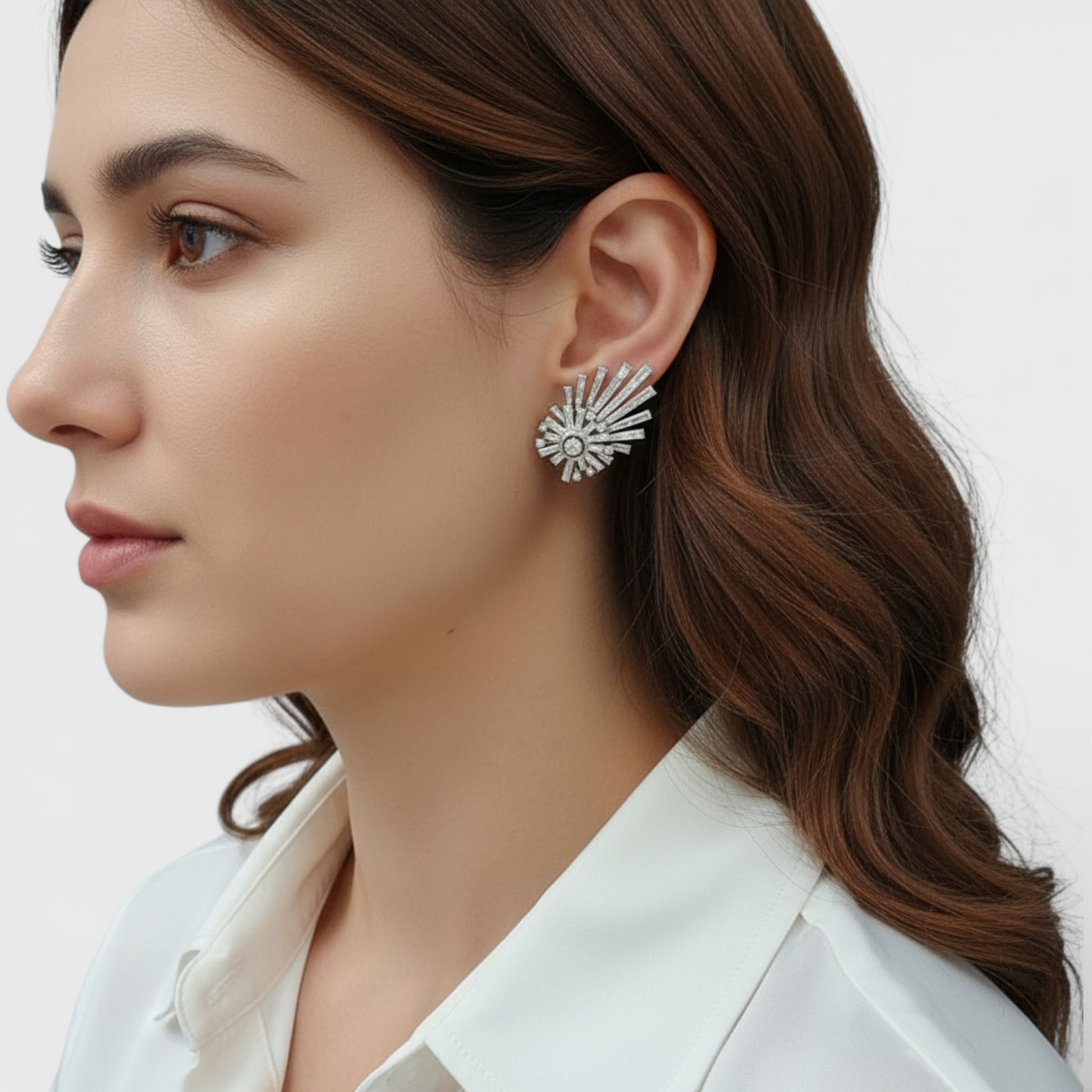 1960s Platinum Diamond Shooting Star Earrings on ear