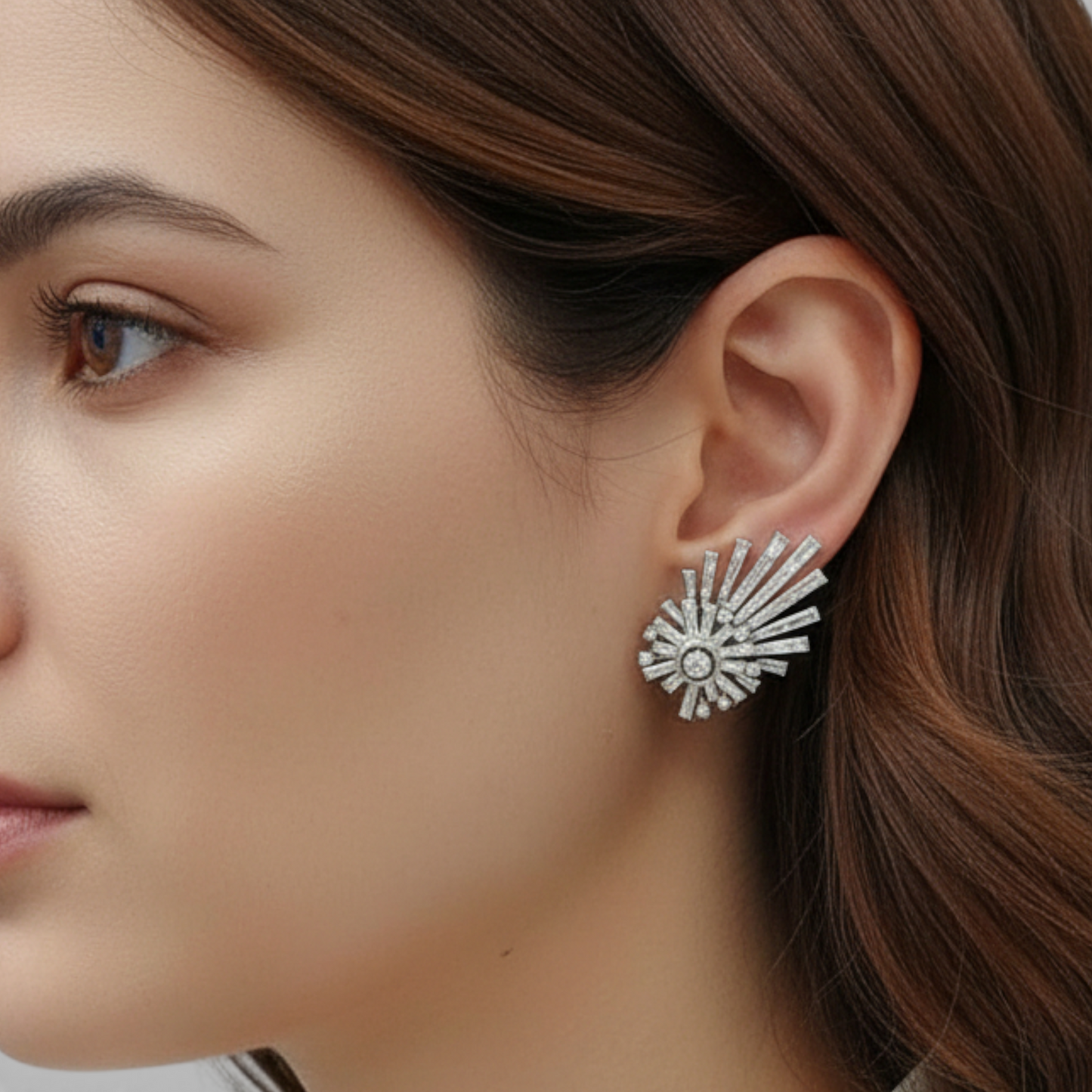 1960s Platinum Diamond Shooting Star Earrings on ear