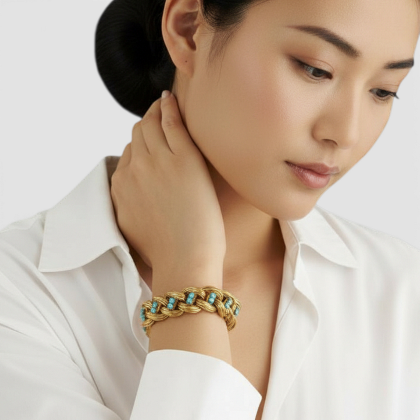 Tiffany & Co. 1970s 18KT Yellow Gold Turquoise Bracelet on wrist