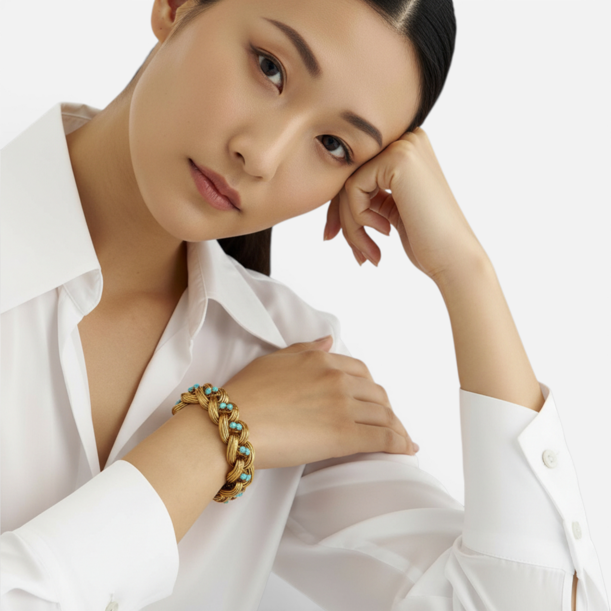 Tiffany & Co. 1970s 18KT Yellow Gold Turquoise Bracelet on wrist