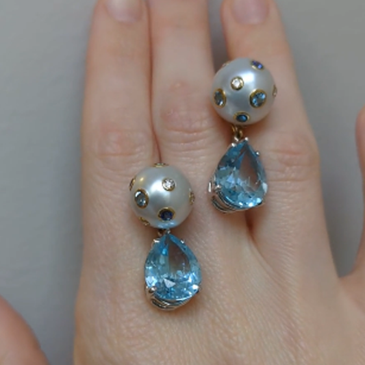 Trianon Post-1980s 18KT Yellow Gold Aquamarine, Diamond, Cultured Pearl & Sapphire Earrings front