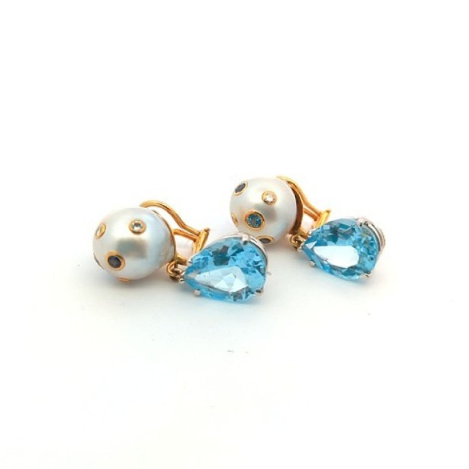 Trianon Post-1980s 18KT Yellow Gold Aquamarine, Diamond, Cultured Pearl & Sapphire Earrings front