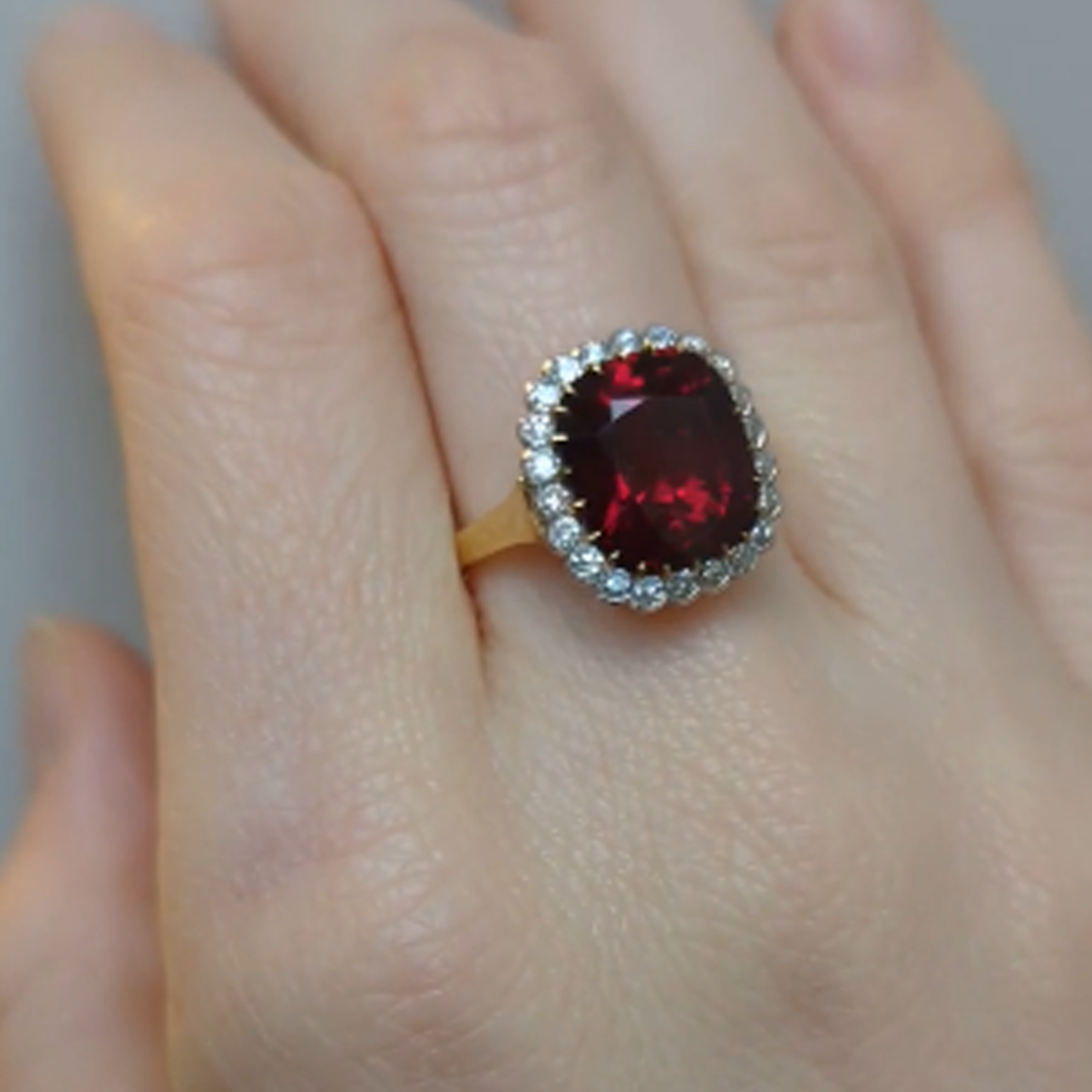 Antique 18KT Yellow Gold Spinel & Diamond Ring on finger