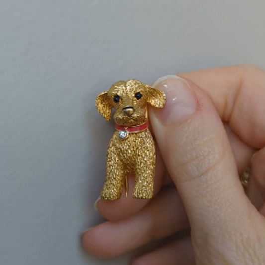 Cartier Paris 1960s 18KT Yellow Gold Diamond & Enamel Dog Brooch front