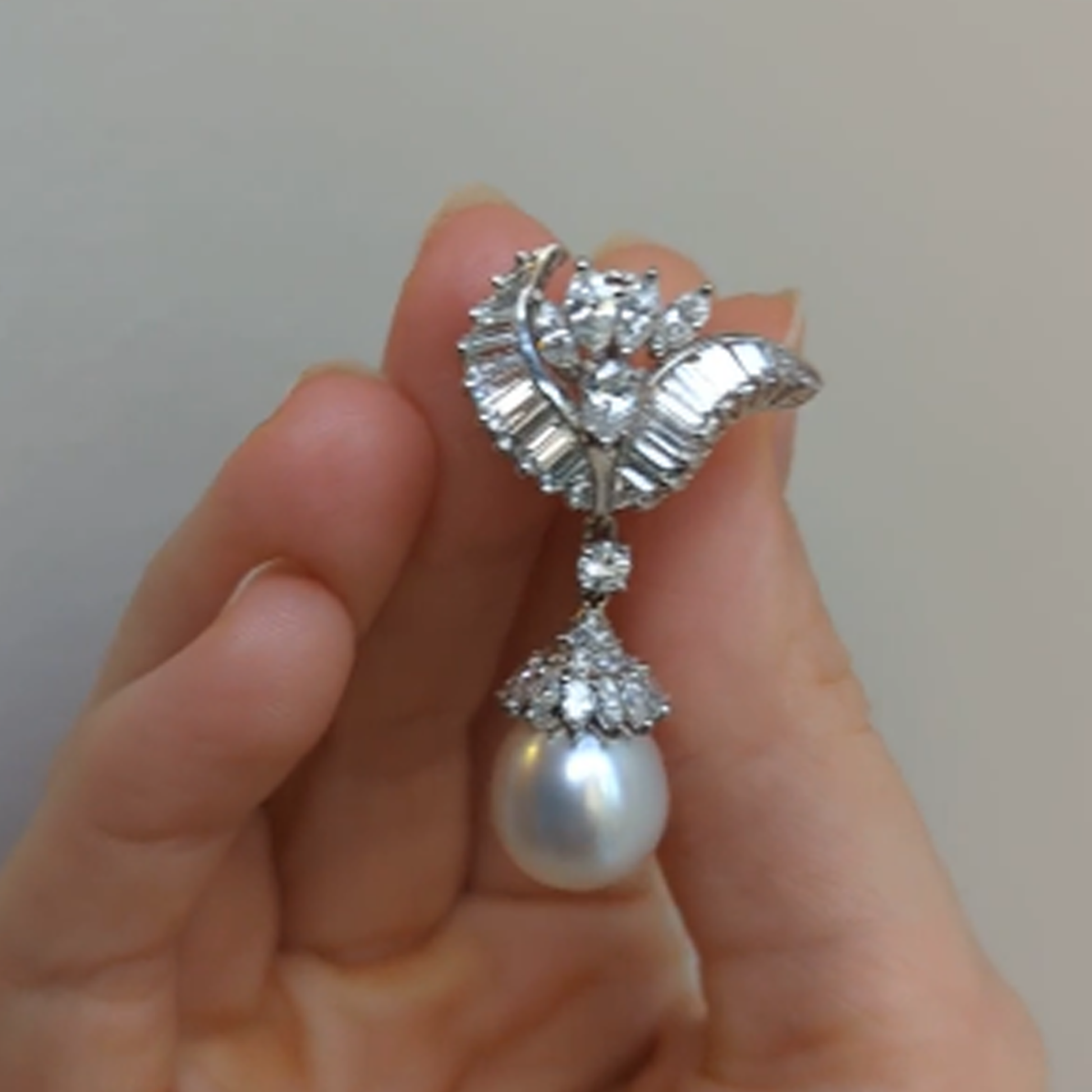 1960s Platinum Cultured Pearl & Diamond Earrings front