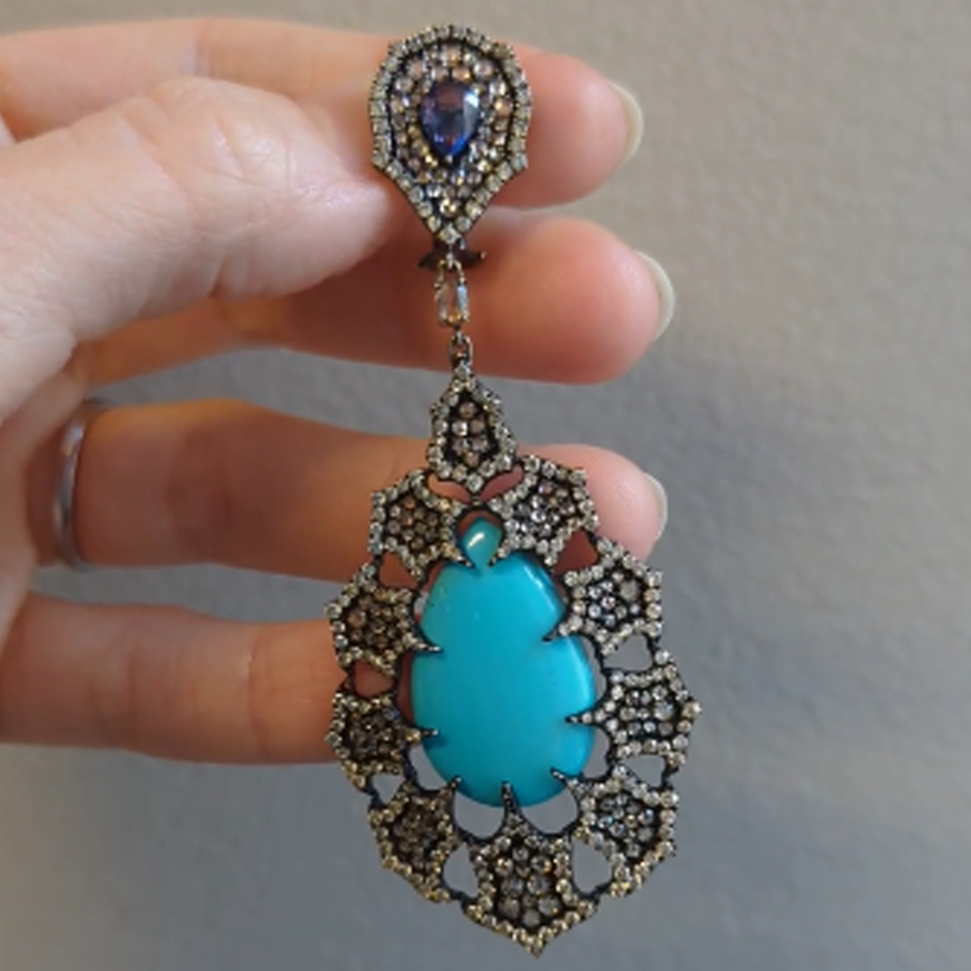 Post-1980s 18KT Blackened Gold Turquoise, Diamond & Sapphire Earrings front