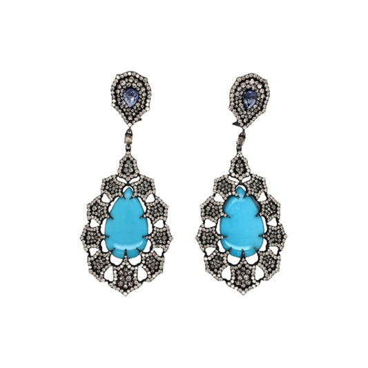 Post-1980s 18KT Blackened Gold Turquoise, Diamond & Sapphire Earrings front