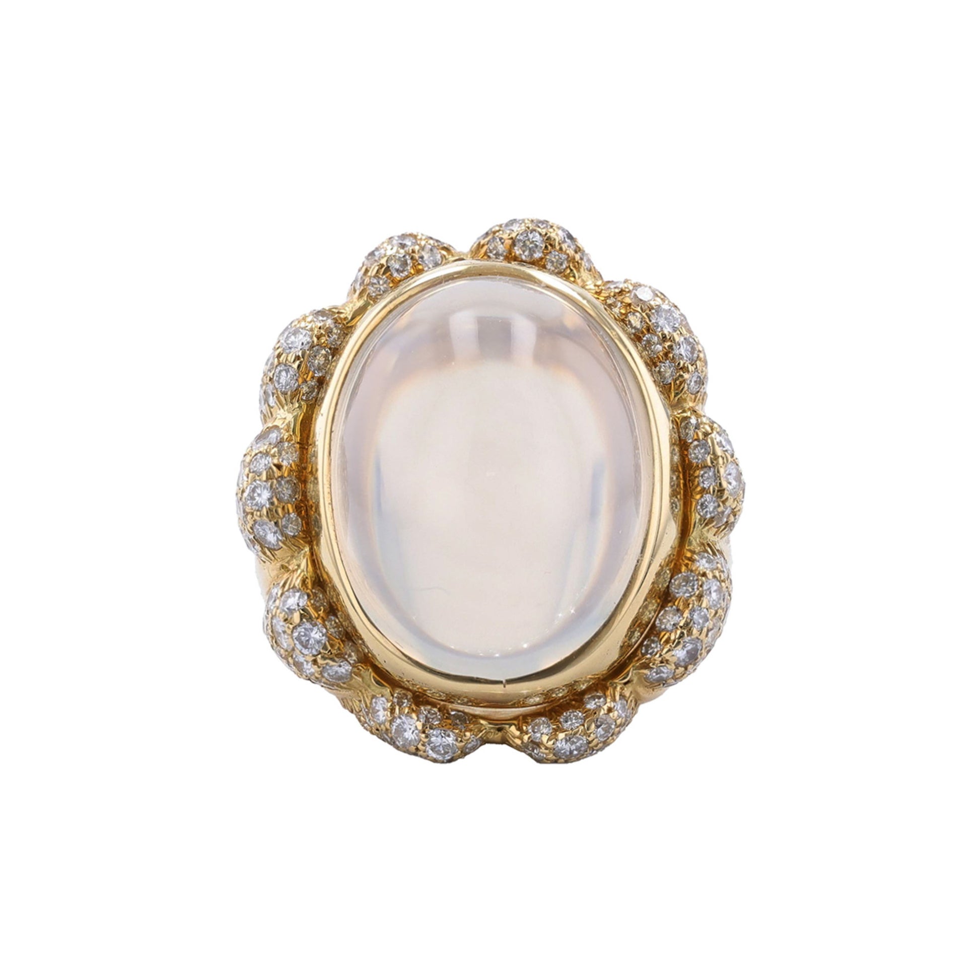 Julius Cohen Post-1980s 18KT Yellow Gold Moonstone & Diamond Ring front