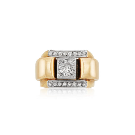 French Retro Platinum & 18KT Yellow Gold Diamond Ring front
