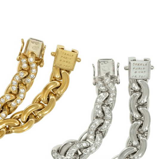 Pierre Sterle Paris 1970s 18KT White & Yellow Gold Diamond Bracelets signature