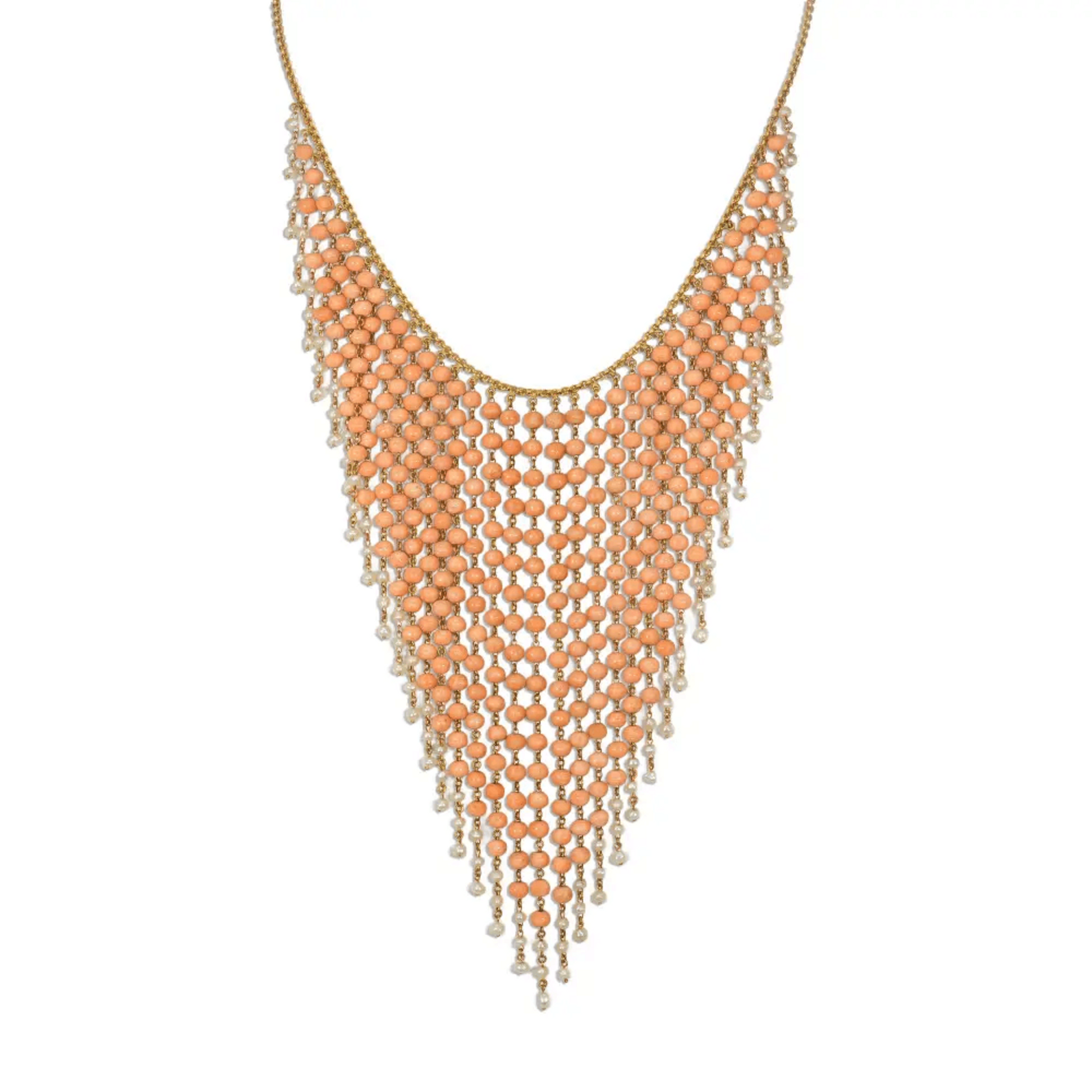 Victorian 18KT Yellow Gold Coral & Natural Pearl Necklace front