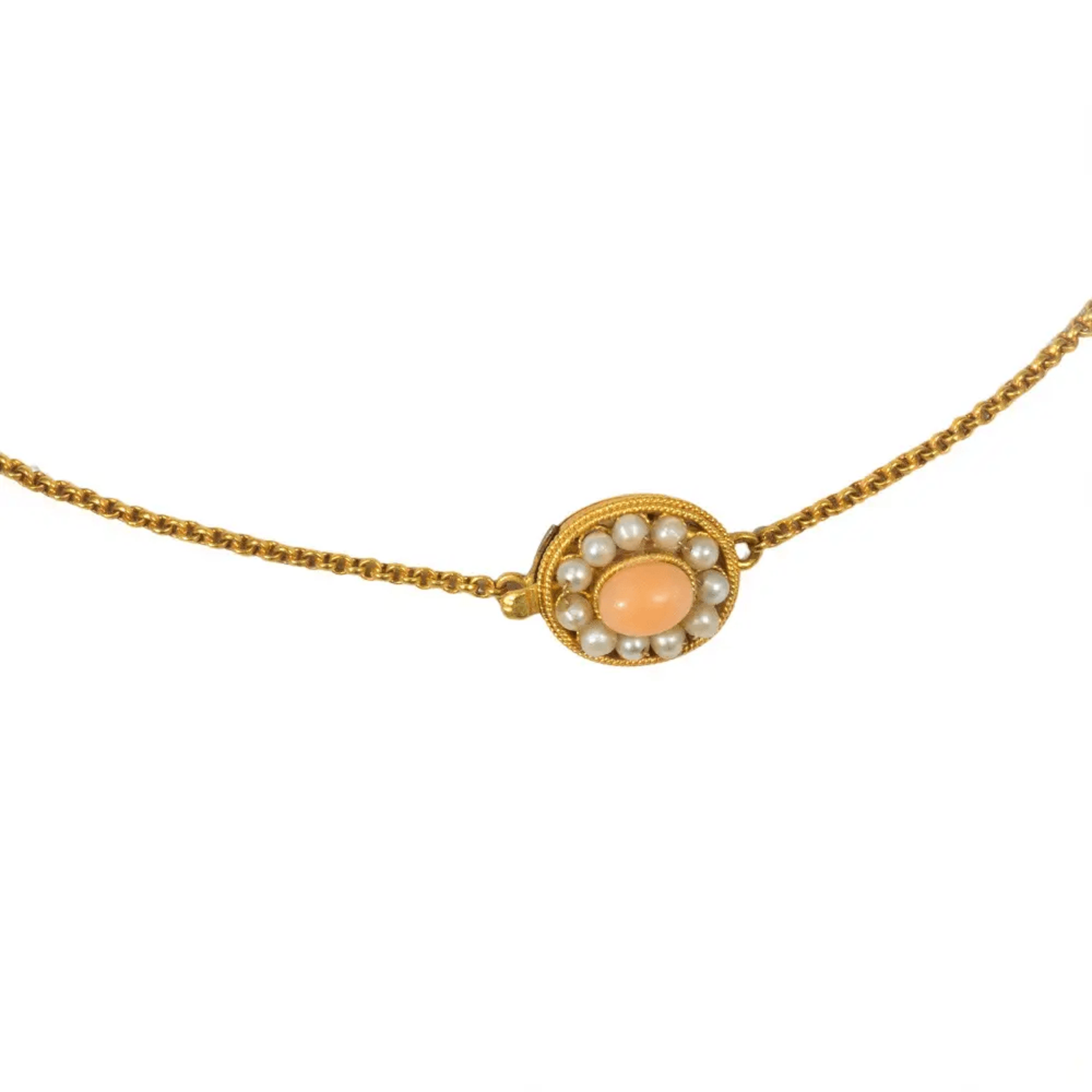 Victorian 18KT Yellow Gold Coral & Natural Pearl Necklace clasp