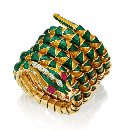 Bulgari 1970s Enamel, Diamond & Ruby Dragon Bracelet front 