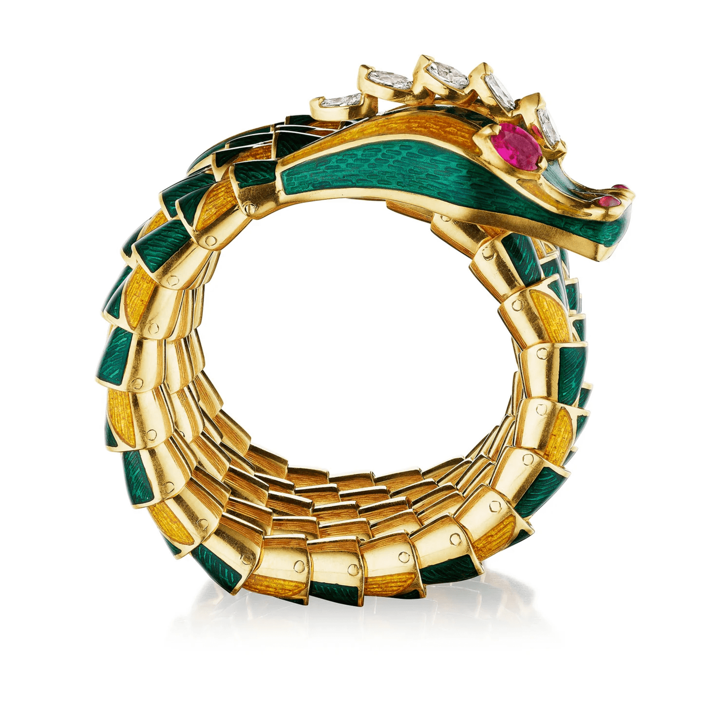 Bulgari 1970s Enamel, Diamond & Ruby Dragon Bracelet profile