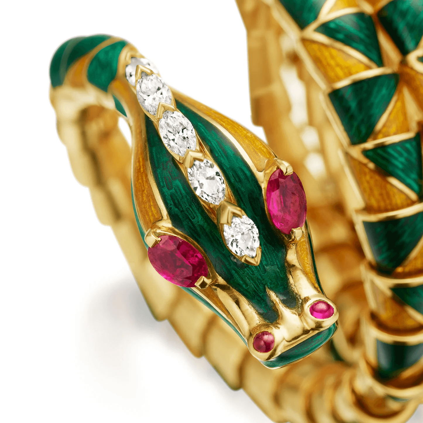 Bulgari 1970s Enamel, Diamond & Ruby Dragon Bracelet head