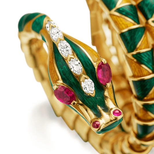 Bulgari 1970s Enamel, Diamond & Ruby Dragon Bracelet head