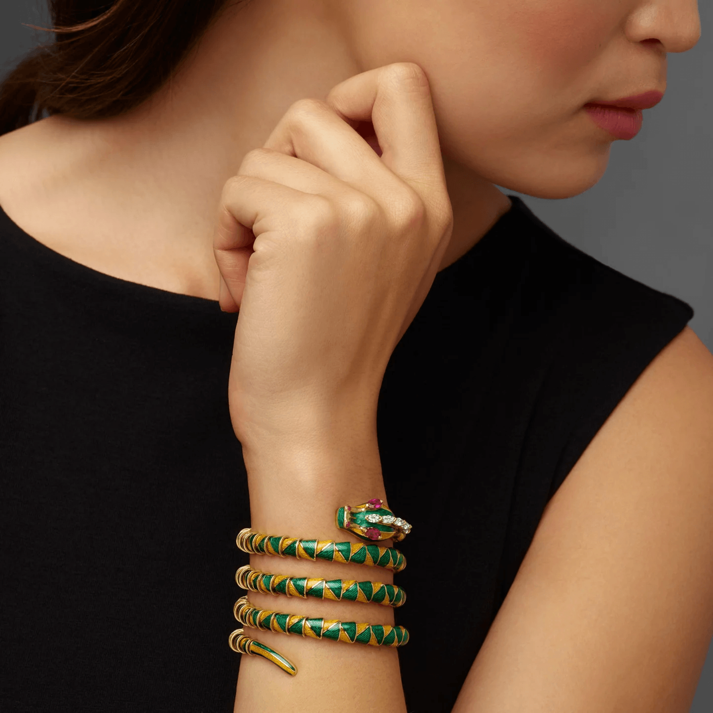 Bulgari 1970s Enamel, Diamond & Ruby Dragon Bracelet on wrist