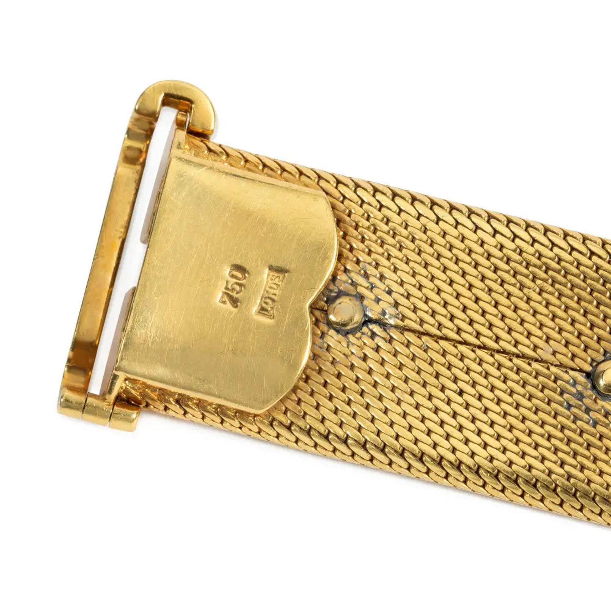 Lotos Germany 1950s 18KT Yellow Gold Sapphire, Diamond, Emerald & Ruby Bracelet signature