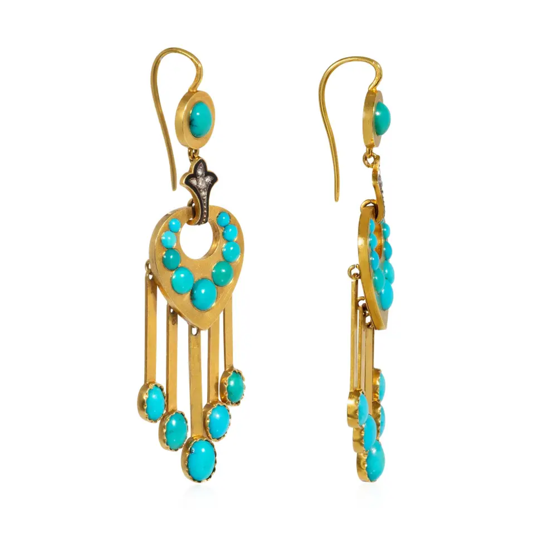 French Antique 18KT Yellow Gold Turquoise, Diamond & Enamel Earrings side