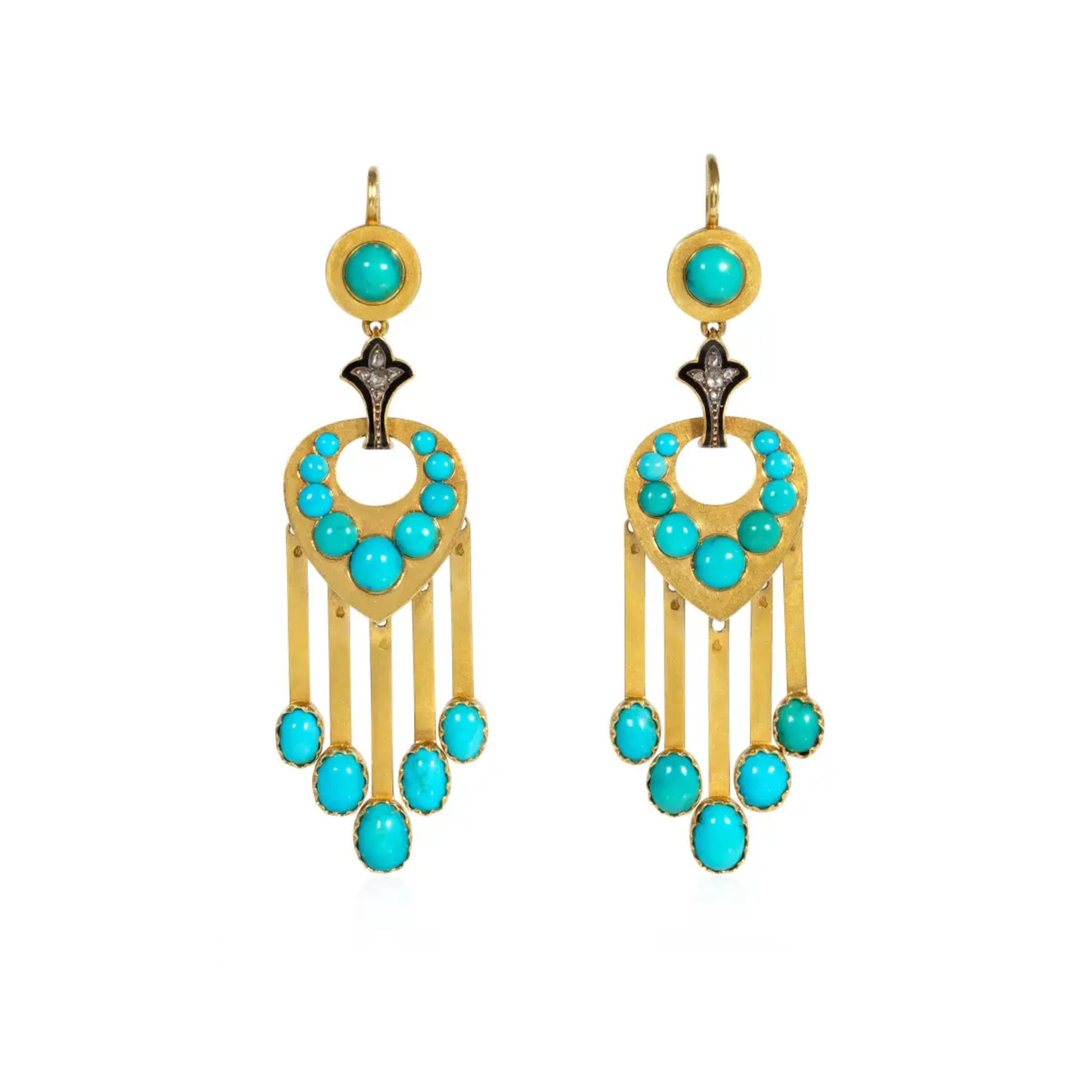 French Antique 18KT Yellow Gold Turquoise, Diamond & Enamel Earrings front
