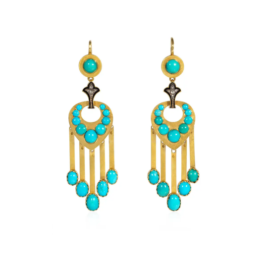 French Antique 18KT Yellow Gold Turquoise, Diamond & Enamel Earrings front