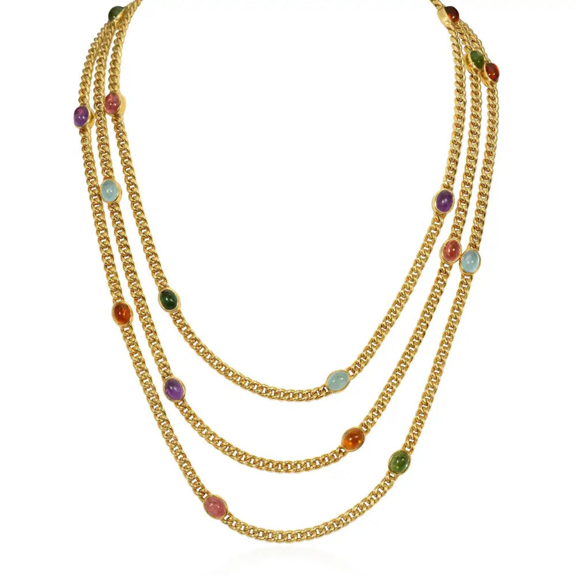 Austrian 1980s 18KT Yellow Gold Amethyst, Aquamarine, Citrine, Peridot & Tourmaline Necklace front