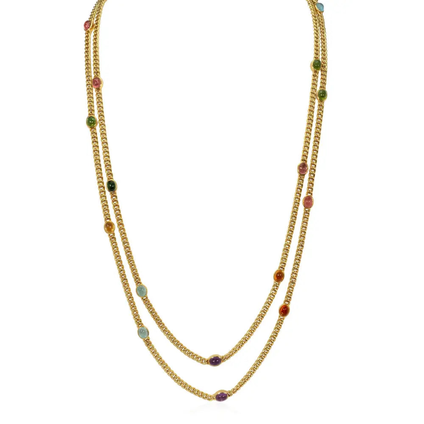 Austrian 1980s 18KT Yellow Gold Amethyst, Aquamarine, Citrine, Peridot & Tourmaline Necklace front