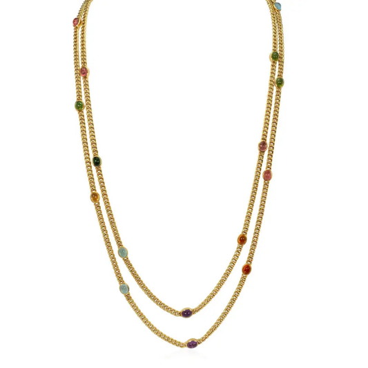 Austrian 1980s 18KT Yellow Gold Amethyst, Aquamarine, Citrine, Peridot & Tourmaline Necklace front
