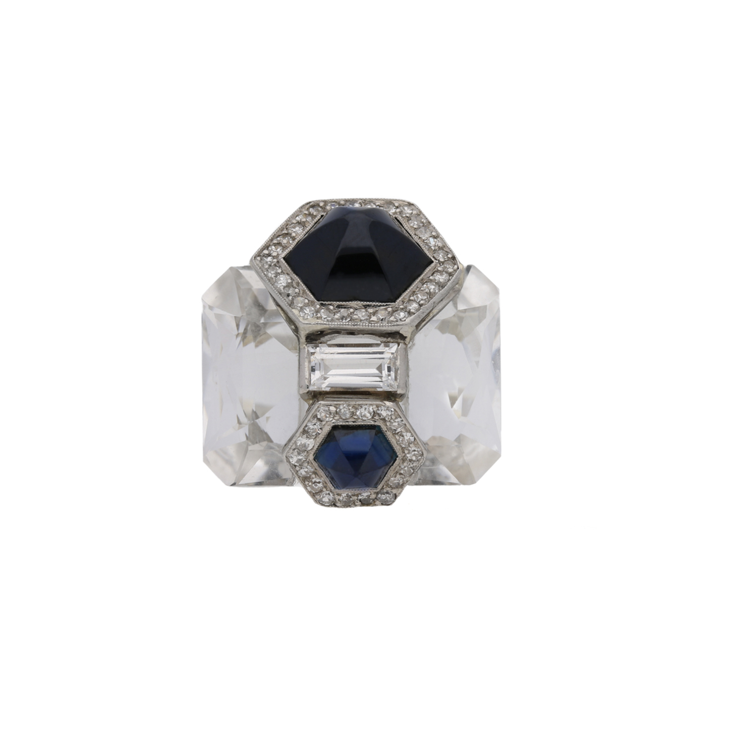 Seaman Schepps 1940s Platinum & 18KT White Gold Rock Crystal, Diamond & Sapphire Ring front