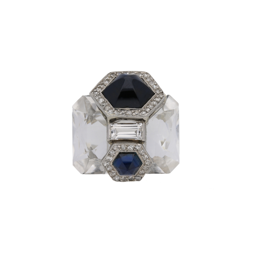 Seaman Schepps 1940s Platinum & 18KT White Gold Rock Crystal, Diamond & Sapphire Ring front