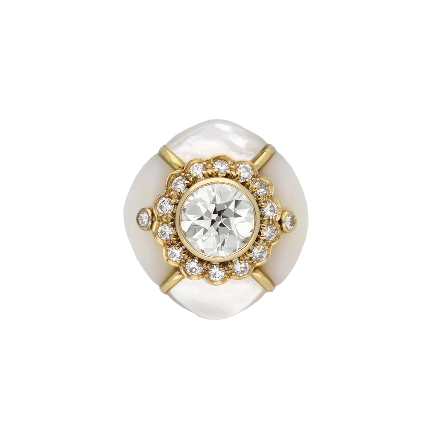 Fred French 1970s 18KT Yellow Gold Mother of Pearl & Diamond Ring front