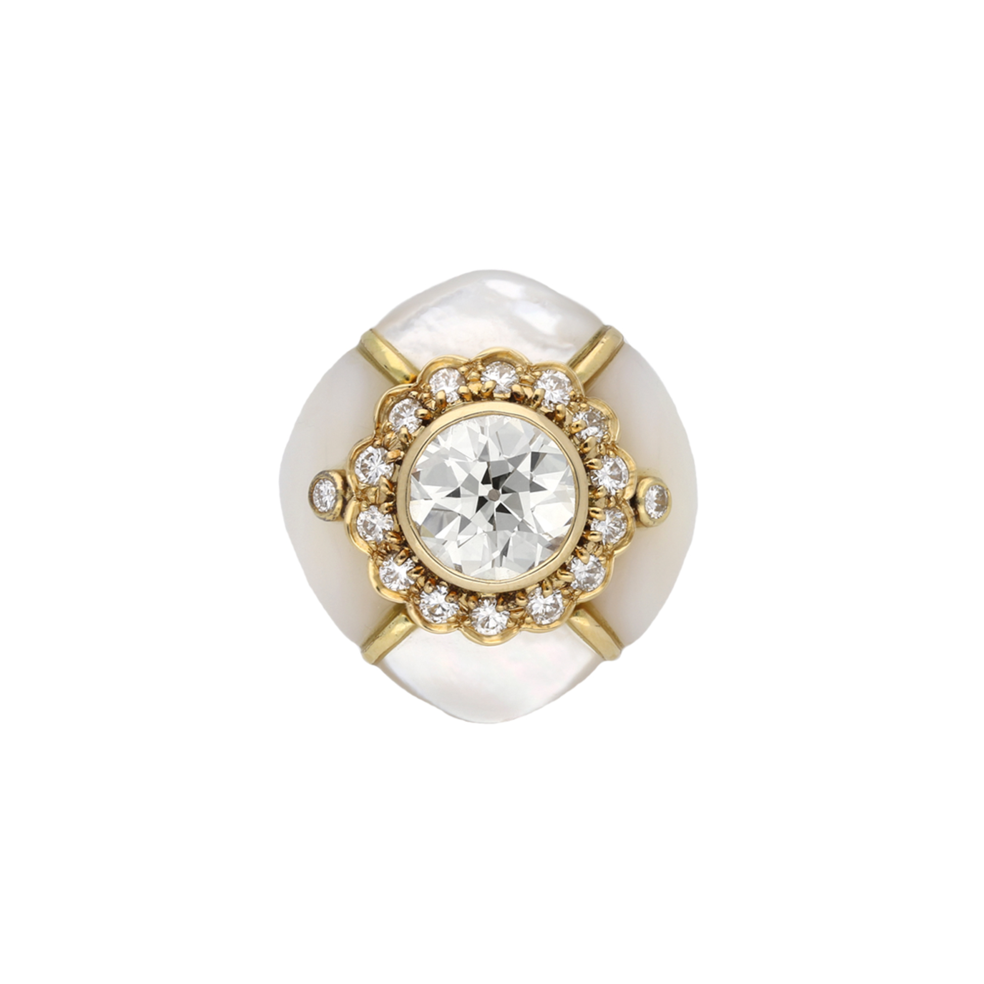 Fred French 1970s 18KT Yellow Gold Mother of Pearl & Diamond Ring front